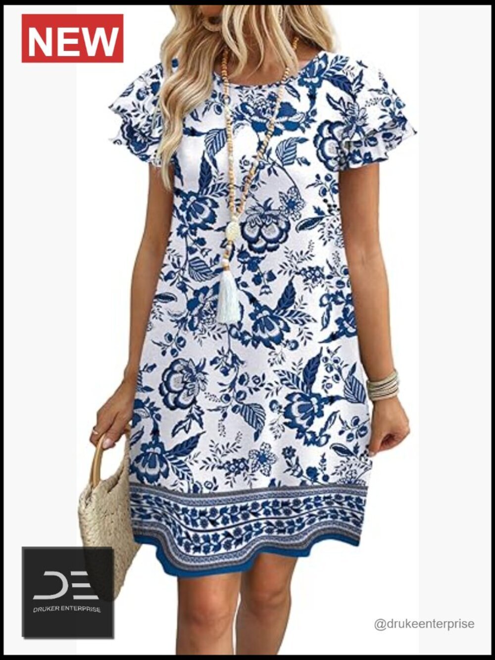 Ruffle Sleeve Swing Dress with Pockets Loose Fit Knee-Length